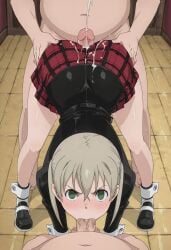 ai_generated all_fours assjob bent_over black_jacket blonde_hair blowjob cum cum_on_ass green_eyes inside maka_albarn plaid_skirt shoes soul_eater spitroast twintails