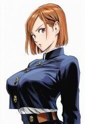 1girls ai_generated arms_at_sides bangs belt blue_jacket bob_cut breasts brown_eyes brown_hair busty buttons clothing crop_top crop_top_overhang cropped_jacket curvaceous curvy curvy_figure eyelashes female female_focus female_only hair_behind_ear high-waist_skirt high_resolution highres jacket jujutsu_kaisen jujutsu_tech_uniform kugisaki_nobara large_breasts light-skinned_female light_skin lips long_sleeves looking_at_viewer manga_style murata_yuusuke_(style) parted_lips portrait school_uniform serious shiny_clothes shirt short_hair side_view simple_background skirt solo solo_focus standing surprised swept_bangs three-quarter_view uniform upper_body white_background white_shirt