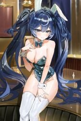 1girls big_breasts black_bunnysuit blue_eyes blue_hair breasts breasts_out bunny_ears bunnysuit exposed_breasts female iuno_(wuthering_waves) large_breasts long_hair thighhighs twintails white_bunny_ears white_thighhighs wuthering_waves