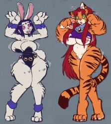 2girls animal_ears animalization anthro anthrofied big_breasts breast_expansion breast_growth breast_growth_(enlargement) breasts_outside bunny bunny_ears bunny_girl bunnysuit cat_ears cat_girl cat_tail dc_comics female_only femsub furry furry_female furry_only green_eyes heart hearts_around_head huge_breasts huge_thighs hypnosis hypnotic_accessory hypnotized large_breasts long_hair paws pink_eyes purple_eyes purple_hair rachel_roth raven raven_(dc) red_hair ripped_clothing short_hair spiral_eyes starfire teen_titans thick_thighs tiger tiger_girl tiger_tail tongue tongue_out torn_clothes transformation wrenzephyr2