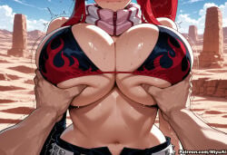 1boy 1girl ai_assisted ai_generated bikini blue_sky blush breast_grab breasts cleavage cloud curvaceous curvy curvy_female curvy_figure day female grabbing groping hetero large_breasts long_hair miyuai motion_lines navel outdoors red_hair sky solo_focus sweat swimsuit tengen_toppa_gurren_lagann thick thick_ass thick_butt thick_hips thick_legs thick_thighs voluptuous voluptuous_female wide_hips wide_thighs yoko_littner
