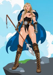 blonde_hair blue_cape brunnhilde exposed_breasts gauntlets marvel marvel_comics norse_mythology scarlett_drawz spear valkyrie_(marvel) viking_female
