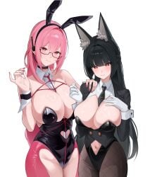 2girls absurdres ade_(agent_bunny)_(nikke) ade_(nikke) ade_(nikke)_(cosplay) alternate_costume animal_ear_hairband animal_ears black_choker black_hair black_jacket black_necktie black_pantyhose black_vest breasts choker clothing_cutout commentary cosplay earpiece fake_animal_ears fox_ears gloves goddess_of_victory:_nikke hairband hand_on_own_chest heart_cutout highres hoshimi_miyabi jacket large_breasts leotard long_hair multiple_girls navel_cutout necktie pantyhose pink_hair pink_pantyhose playboy_bunny purple_eyes rabbit_ear_hairband rabbit_ears red_eyes semi-rimless_eyewear shibari simple_background smile strapless strapless_leotard tsukishiro_yanagi upper_body velvet_(nikke) velvet_(nikke)_(cosplay) velvet_(sensual_rabbit)_(nikke) vest white_background white_gloves wrist_cuffs zenless_zone_zero
