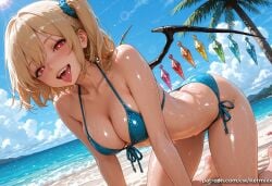 1girl :d aged_up ai_generated all_fours alternate_breast_size ass bangs bare_arms bare_legs bare_shoulders barefoot beach bikini blonde_hair blue_bikini blue_sky blush breasts bright_pupils cleavage cloud collarbone crystal day dutch_angle fangs flandre_scarlet front-tie_bikini_top front-tie_top hair_between_eyes hair_ornament hair_scrunchie halterneck kermixx large_breasts lens_flare looking_at_viewer ocean one_side_up open_mouth outdoors palm_tree red_eyes scrunchie shiny shiny_skin short_hair side-tie_bikini_bottom sky smile solo string_bikini sun sunlight swimsuit tan teeth thighs tongue tongue_out touhou tree water wet white_pupils wings