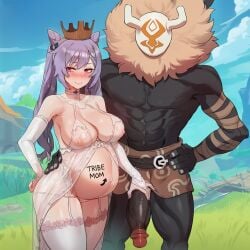 1boy 1boy1girl 1girl1boy 1girls after_sex ai_generated bad_end body_writing breeding churlbaitqueen churled comic corruption crown dark-skinned_male defeated defeated_heroine genshin_impact hand_on_another's_hip hand_on_hip hilichurls_(species) holding_penis humiliation instant_loss interracial keqing_(genshin_impact) large_breasts lilac_hair nipples outdoors pregnant pregnant_belly pregnant_female purple_eyes purple_hair raped_by_monster raped_female shy smile tattoo tattoo_on_belly turned_submissive twintails wedding_dress wooden_crown