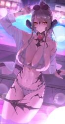 1girls au_ra big_breasts breasts breasts_out brown_eyes brown_hair exposed_breasts female final_fantasy final_fantasy_xiv horns large_breasts long_hair pool poolside scales skeb_commission sunglasses sunglasses_on_head swimsuit tail white_swimsuit xaela