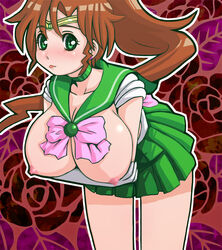 1girls bishoujo_senshi_sailor_moon breasts brown_hair choker circlet clothing earrings ebi_tendon elbow_gloves female female_only gloves green_eyes holding_breasts large_breasts long_hair magical_girl makoto_kino ponytail sailor_jupiter skirt solo tied_hair tongue_out