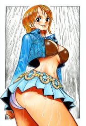 1girls accurate_art_style accurate_body_type ai_generated ass bikini bikini_top bikini_top_only black_eyes blue_jacket blue_skirt blush border bra breasts brown_eyes busty cleavage closed_mouth clothing cowboy_shot crop_top cropped_jacket curvaceous curvy curvy_figure denim denim_jacket eiichiro_oda_style female female_focus female_only from_below high_resolution highres hourglass_figure jacket large_breasts light-skinned_female light_skin long_sleeves looking_at_viewer looking_down looking_down_at_viewer low-angle_view manga_style microskirt midriff miniskirt nami_(one_piece) navel one_piece open_clothes open_jacket orange_hair panchira pantsu pleated_skirt rain shiny shiny_hair shiny_skin short_hair skirt smile solo solo_focus standing stomach swimsuit thighs twisted_torso underboob underwear upskirt viewed_from_below water_drop wet wet_body wet_clothes wet_hair wet_skin white_border white_panties white_underwear