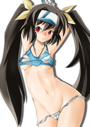 armpits arms_up black_hair blush bottomless breasts eri_hasumi hair_ribbon jewelry kojou long_hair mound_of_venus navel necklace open_mouth panties penis red_eyes ribbon shiny shiny_skin simple_background solo sweat tied_hair twintails underboob vanguard_princess very_long_hair visor_cap