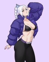 1girls 2d baldur's_gate baldur's_gate_3 bra braided_hair dungeons_and_dragons elf_female fanart green_eyes leggings looking_at_viewer meziosaur navel open_clothes open_jacket pointy_ears shadowheart simple_background small_breasts solo standing white_hair yoga_pants