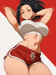 black_hair dolphin_shorts midriff momo_yaoyorozu my_hero_academia red_shorts tied_hair white_skin white_tank_top