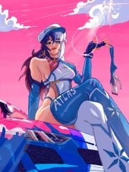1girl 1girls black_and_white_hair black_hair blingjaggy car car_girl crossed_legs crosslegged_pose heterochromia holding_shorts korean korean_female low-angle_view luna_snow luna_snow_(marvel_rivals) luna_snow_(sonic_trailblazer) marvel marvel_rivals racecar shiny_clothes sideboob sitting sitting_on_car slim_thick slim_waist sunlight thick_thighs thighhighs thighs thighs_focus thong thong_only white_hair