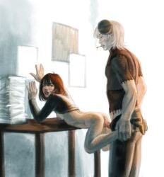 breasts_out brown_hair cigarette clothed clothed_sex commission doggy_style franken_stein from_behind from_behind_position gray_eyes gray_hair grey_eyes grey_hair professor riza_henderson selfship selfshipping soul_eater stein yumeship yumeshipping