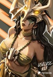 1girls asgardian big_breasts black_hair black_lips black_lipstick breasts cleavage facepaint goddess green_bandeau green_collar hela hela_(marvel_rivals) hela_(savage_monarch) hoop_earrings jewelry light-skinned_female light_skin long_hair marvel marvel_comics marvel_rivals official_alternate_costume skull_on_head thor_(series) tribal uselesself very_long_hair