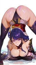 1girl ai_generated arm_rest artist_name ass bangs bare_shoulders braid breasts cleavage closed_mouth crossed_arms flower genshin_impact hair_ornament hands_on_ground jack-o'_challenge japanese_clothes kimono large_breasts long_hair looking_at_viewer mihoyo mole mole_under_eye obi off_shoulder patreon purple_eyes purple_hair purple_kimono questionable raiden_shogun sash shoulder_armor simple_background smile solo spread_legs thighhighs thighs top-down_bottom-up wet white_background wide_sleeves