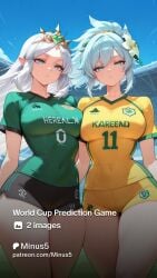 2girls ai_generated bangs blue_eyes breast_press breasts covered_navel flower girls hair_flower hair_ornament large_breasts long_hair looking_at_viewer minus5 multiple outdoors parted_lips pointy_ears ponytail short_shorts shorts sky soccer_uniform sportswear thick_thighs thighs white_hair