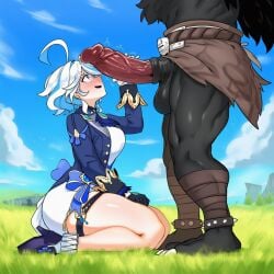 1boy 1girl 2026 2d absurd_res absurd_resolution absurdres ahoge ai_generated ascot big_ass big_breasts big_penis black_skin blue_eyes blue_hair blue_jacket blue_sky blush breasts cloud day erection furina_(genshin_impact) genshin_impact gloves grass hetero hi_res high_quality high_resolution highres hilichurls_(species) huge_penis huge_testicles image interspecies jacket large_penis long_sleeves looking_at_penis monster multicolored_hair open_mouth outdoors patreon patreon_username penis penis_awe penis_on_face precum seiza shiny_skin shorts sitting sky smile standing streaked_hair testicles thigh_strap thighs uncensored uncensured uni_gens veins veiny_penis watermark white_hair white_shorts