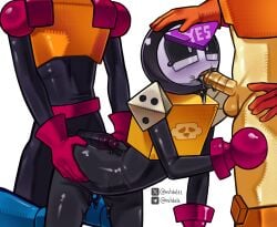 black_eyes brawl_stars cuntboy larry_(brawl_stars) lawrie_(brawl_stars) meeple_(brawl_stars) mitskid pussy_boy robot robots threesome white_background