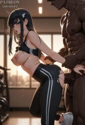 1boy 1girl abs ai_generated arm_grab black_hair black_pants black_sports_bra blue_eyes blurry blurry_background blush breasts censored clothed_female_nude_male clothed_sex clothes_lift dark-skinned_male dark_skin from_side gym hair_ornament hairclip hetero indoors interracial kill_la_kill kiryuuin_satsuki large_breasts large_penis long_hair manly muscular muscular_male nipples nude open_mouth pants penis sex sex_from_behind shoes sneakers sports_bra sports_bra_lift standing standing_on_one_leg standing_sex sweat testicles tongue tongue_out torn_clothes torn_pants uncensored vantawaifu veins very_dark_skin white_footwear yoga_pants