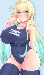 adjusting_hair aizawa_ema angry black_thighhighs curvy gigantic_breasts hyper looking_at_viewer name_tag one-piece_swimsuit open_mouth pout school_swimsuit skindentation spoken_anger_vein thick_thighs virtual_youtuber voluptuous vspo! wide_hips
