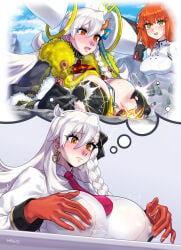 areola_slip areolae big_breasts blush blushing breasts_on_table breasts_out erect_nipples fate/grand_order fate_(series) fujimaru_ritsuka_(female) giantess gloves hard_nipples horns huge_breasts imagining mizuumi_(bb) nipple_bulge nipples_visible_through_clothing olga_marie_animusphere touching_nipples u-olga_marie white_hair yuri