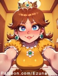 ai_generated big_ass big_breasts big_butt big_thighs blue_eyes blush brown_hair cameltoe crown ezuna heart-shaped_pupils huge_ass huge_breasts huge_butt huge_thighs jewelry mario_(series) orange_dress princess princess_daisy wanuze wide_hips