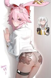 2girls animal_ears ass ass_focus black_panties evanescia_(honkai:_star_rail) eyes_closed female fox_ears gray_hair honkai:_star_rail honkai_(series) hoyoverse long_hair mihoyo panties panties_under_pantyhose pantyhose pink_hair purple_eyes skirtless stelle_(honkai:_star_rail)