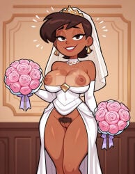 ai_generated bouquet character_request copyright_request dark-skinned_female deviantart_username female female_only flowers nipples pussy solo solo_female watermark web_address wedding_dress