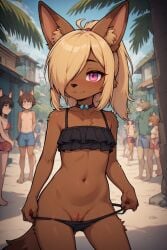 ai_generated anthro beach bikini blonde_hair brown_body canine crowd female flashing furry hair_over_one_eye jackal pink_eyes ponytail pussy young