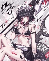 arm_support blush character_name ellen_joe food_in_mouth holding_weapon large_breasts lollipop looking_at_viewer red_nails shark_girl shark_tail sitting usa_(usagi_minku) zenless_zone_zero