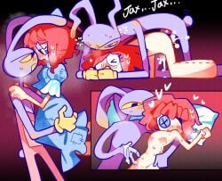 1boy 1girl animal_ears blue_dress colored_sclera commentary_request cum doggystyle dress furry furry_male furry_with_non-furry gloves heart hetero highres interspecies jax_(the_amazing_digital_circus) korean_commentary overalls pillow pink_overalls rabbit_boy rabbit_ears rabbit_tail ragatha_(the_amazing_digital_circus) red_hair sex sex_from_behind tail the_amazing_digital_circus yellow_gloves yellow_sclera yuminan52399