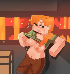 alex_(minecraft) artist_request huge_breasts lifting_shirt minecraft nether sweat