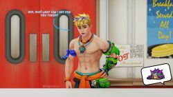 1boy 3d 3d_(artwork) 3d_artwork abs dialogue hand_on_hip hazard_(overwatch) male male_only necklace nightfalls overwatch overwatch_2 sfw shirtless six_pack sunglasses sunglasses_on_head text wuyang