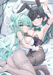 2girls animal_ear_hairband animal_ears aqua_eyes aqua_hair armpits ass bed_sheet black_hair black_hairband black_leotard blush bow bowtie breasts cleavage closed_mouth collar commentary_request cowlick detached_collar fake_animal_ears fake_tail green_bow green_bowtie hair_bun hairband halo hand_on_another's_back hand_on_another's_hip highres large_breasts leotard long_hair looking_at_viewer mikaze_oto multicolored_hair multiple_girls no_shoes open_mouth original pantyhose pillow playboy_bunny rabbit_ears rabbit_tail shortstack strapless strapless_leotard tail thigh_strap very_long_hair white_collar white_leotard white_pantyhose