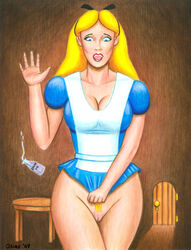 2009 alice_(disney) alice_in_wonderland alice_in_wonderland_(1951_film) alice_liddell blonde blonde_female blonde_hair blonde_hair_female blonde_pubic_hair bottomless disney female female_focus female_only female_pubic_hair open_mouth osias pink_pussy pubic_hair pussy shrinking_clothes solo_female suprised tagme