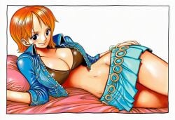 1girls accurate_art_style accurate_body_type ai_generated bangle bare_legs bed belt bikini bikini_top bikini_top_only black_eyes blue_jacket blue_skirt blush border bra bracelet breasts busty cleavage clothing collared_jacket cropped_jacket curvaceous curvy curvy_figure denim denim_jacket eiichiro_oda_style female female_focus female_only hand_on_hip hand_on_own_hip highres hourglass_figure jacket jewelry large_breasts leather light-skinned_female light_skin looking_at_viewer lying manga_style midriff miniskirt nami_(one_piece) navel official_style on_bed on_side one_piece open_clothes open_jacket orange_hair pillow pleated_skirt shiny shiny_clothes shiny_hair shiny_skin short_hair simple_background skirt slender_waist smile solo solo_focus stomach swimsuit underwear white_background white_border