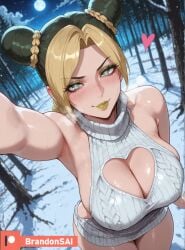 1girl ai_generated armpits bare_shoulders big_ass big_breasts big_thighs black_hair blonde_hair blush braid brandonsai breasts busty busty_female cleavage cleavage_cutout clothing_cutout curvy curvy_body curvy_female double_bun dress female female_focus full_moon green_eyes green_hair green_lips hair_bun heart heart-shaped_pupils heart_cutout huge_breasts jojo's_bizarre_adventure jolyne_kujo kujo_jolyne large_breasts large_thighs looking_at_viewer makeup moon multicolored_hair night night_sky outdoors patreon patreon_logo patreon_username pov sky smile snow solo sweater sweater_dress symbol-shaped_pupils turtleneck turtleneck_sweater two-tone_hair virgin_killer_sweater