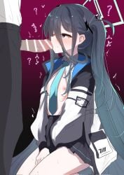 1boy 1girl ? absurdly_long_hair aris_(blue_archive) black_hair black_pants black_skirt blue_archive blue_eyes blue_halo breasts censored collared_shirt commentary_request fellatio hair_between_eyes halo highres hypnosis jacket kneeling long_hair mind_control nipples no_bra open_clothes open_jacket open_shirt oral pants pleated_skirt sensei_(blue_archive) shirt skirt small_breasts sweatdrop teik0p very_long_hair white_jacket white_shirt
