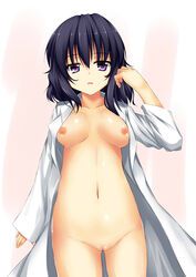 blue_hair bottle breasts dress_shirt female hairless_pussy highres hoshizuki_(seigetsu) long_hair naked_shirt navel nipples no_bra nude nunotaba_shinobu open_clothes open_mouth open_shirt pink_nipples purple_eyes pussy shaved_pussy shirt simple_background smooth_pussy solo to_aru_kagaku_no_railgun to_aru_majutsu_no_index uncensored