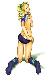 1girls ass ass_cleavage atlus ayase_yuka blonde_hair buruma butt_crack clothing earrings female flat_chest footwear freckles gym_uniform jewelry kneeling looking_back loose_socks megami_tensei persona persona_1 red_eyes revealing scrunchie shin_megami_tensei shirt shirt_lift short_twintails small_breasts socks solo student tied_hair twintails undressing uniform yuka_ayase