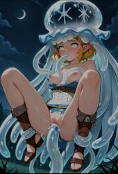 ai_generated blonde_hair exposed_breasts exposed_pussy glowing_eyes knees_up mind_control night nihilego outdoors pokemon pokemon_(species) pokephilia princess_zelda restrained rolling_eyes short_hair suspension tentacle_in_mouth tentacle_in_pussy the_legend_of_zelda torn_clothes