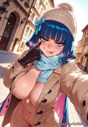 1girl 2026 :p ai_generated anime aqua_eyes areola_slip bangs beanie black_gloves blue_bow blue_eyes blue_hair blunt_bangs blush boobs bow breasts breath building cleavage coat colored_inner_hair cowboy_shot crossover day exhibitionism exposed_nipples eye_contact eyelashes female female_focus flushed gloves hair_bow handwear hat highres huge_breasts lamppost large_breasts long_hair long_sleeves looking_at_viewer midriff multicolored_hair naked_coat naughty_face navel nipples nsfw open_clothes open_coat outdoors panty_&_stocking_with_garterbelt patreon pink_hair public_indecency public_nudity reaching_towards_viewer rognezart scarf selfie shiny shiny_skin smile smiling solo stocking_(psg) stocking_anarchy stomach tongue tongue_out two-tone_hair v-shaped_eyebrows very_long_hair white_headwear
