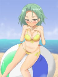 ball_(object) beach beach_ball blush blushing busty cloud compressed glasses green_hair inflatable large_breasts ocean on_ball pool_toy saki_(manga) sand shy sitting sitting_on_ball sitting_on_beach_ball sky someya_mako squish squishing summer swimsuit yellow_bikini yellow_eyes