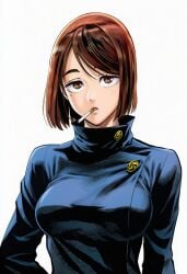 1girls ai_generated arms_at_sides bangs bob_cut breasts brown_eyes brown_hair busty cel_shading cigarette clothing curvaceous curvy curvy_figure eyelashes facing_viewer female female_focus female_only front_view high_collar high_resolution highres jacket jujutsu_kaisen jujutsu_tech_uniform large_breasts light-skinned_female light_skin line_art lips long_sleeves looking_at_viewer manga_style mole mole_under_eye mouth_hold murata_yuusuke_(style) parted_lips perky_breasts school_uniform shiny_hair shoko_ieiri short_hair simple_background smoking solo solo_focus standing swept_bangs uniform upper_body white_background