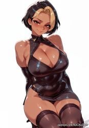 1girl 2026 ai_generated anime bare_shoulders black_dress black_gloves black_hair black_panties black_thighhighs blizzard_entertainment blonde_hair blush boobs breasts brown_eyes cleavage cleavage_cutout clothing_cutout covered_navel crossover dark-skinned_female dark_skin domina_(overwatch) dress elbow_gloves eye_contact female female_focus flushed gloves handwear high_heels highres huge_breasts large_breasts looking_at_viewer multicolored_hair nsfw overwatch panties patreon rognezart seiza short_dress short_hair simple_background sitting smile smiling solo thick_thighs thighhighs thighs two-tone_hair underwear white_background