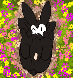 1boy ;) ;)_(emoticon) anthro arms_behind_head black_arms black_ass black_asshole black_balls black_body black_ears black_eyes black_feet black_head black_legs black_nose black_tail disney feet_up flowers happy_face happy_feet laying_on_flowers looking_at_viewer male_only oswald_(character) oswald_the_lucky_rabbit penis pink_penis presenting_feet shiuk smile smiling solo tagme testicles white_face