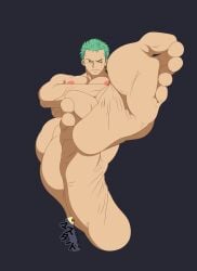 1boy abs arms_crossed bara bara_body bara_tiddies bara_tits barazoku barefoot beefy big_feet bigger_male earrings exhibitionism feet feet_fetish feet_focus feet_up fetish foot_fetish foot_focus frown frowning gay green_hair hunk japanese_male japanese_text looking_at_viewer male male_feet male_focus male_foot_fetish male_only manly masculine masculine_male masutaa muscular muscular_male naked no_visible_genitalia one_piece pecs pectorals post-timeskip roronoa_zoro scar scar_across_eye scar_on_face six_pack small_smile