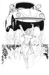 1girls 2boys breasts car dc dc_comics dr-robot female gloves grin kara_zor-l karen_starr large_breasts lifting male monochrome nipples power_girl smile strong strong_woman volkswagen_beetle water