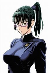 1girls ai_generated arms_at_sides big_breasts black_hair breasts brown_eyes busty clothing curvaceous curvy curvy_figure eyewear female female_focus female_only glasses green_hair high_ponytail high_resolution highres jacket jujutsu_kaisen jujutsu_tech_uniform large_breasts light-skinned_female light_skin long_hair long_sleeves looking_at_viewer manga_style murata_yuusuke_(style) parted_lips ponytail purple-framed_eyewear school_uniform serious shiny shiny_clothes simple_background solo solo_focus standing three-quarter_view tied_hair uniform upper_body white_background yellow_eyes zenin_maki