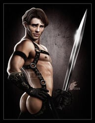 1boy actor ass back_view black_gloves blue_eyes brown_background brown_hair bubble_ass bubble_butt butt caucasian caucasian_male celebrity disney enchanted_(film) facial_hair gloves harness holding_object holding_sword holding_weapon human human_only in_character james_marsden kawena looking_at_viewer looking_back male male_focus male_only moustache muscles muscular muscular_male mustache nipple pose posing prince_edward solo solo_focus solo_male standing sword teasing